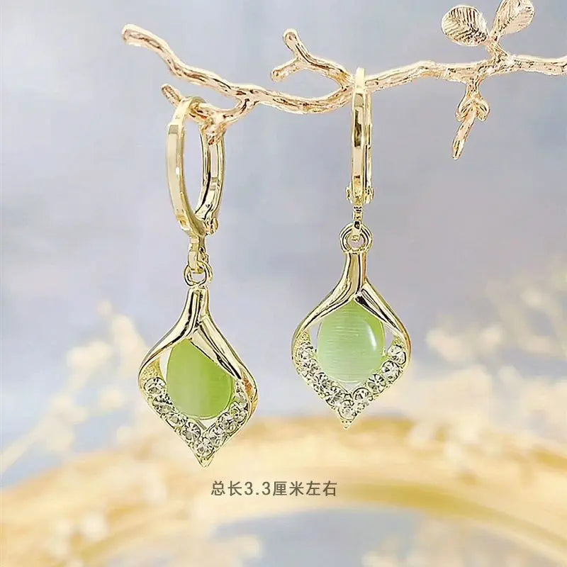 Green Water Drop Cat Eye Earrings for Women - Dangle Jewelry Gift