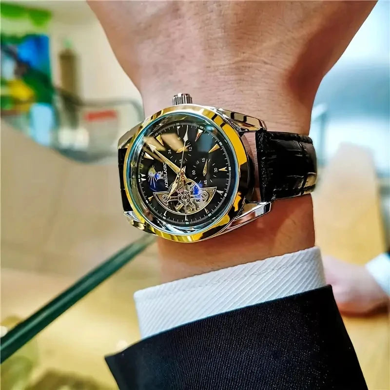Men's Automatic Mechanical Watch with Moon Phase Skeleton Design - No Battery Needed