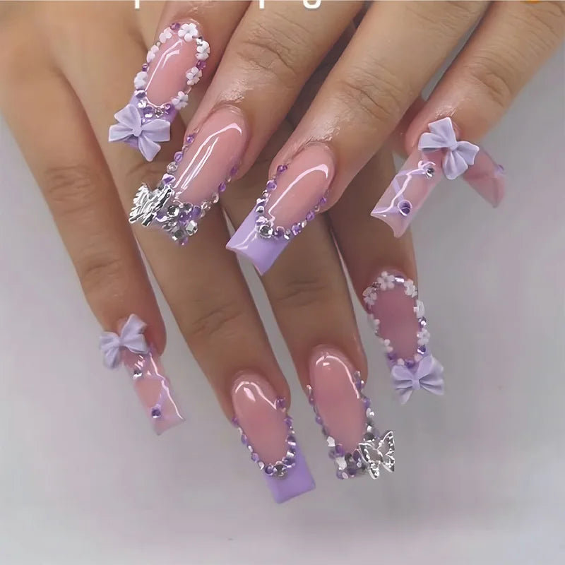 24PCS Nude Pink Fake Nails Set with 3D Bowknots & Flower Design - French Style Press On Tips