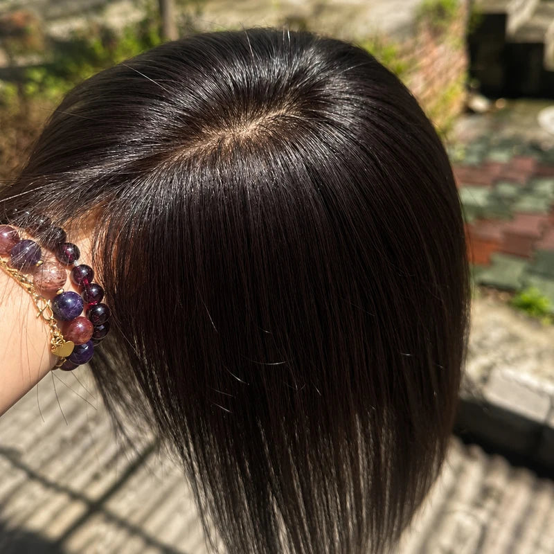 Human Hair Topper with Silk Base 9x13cm, Free Part, 4 Clips, Natural Scalp