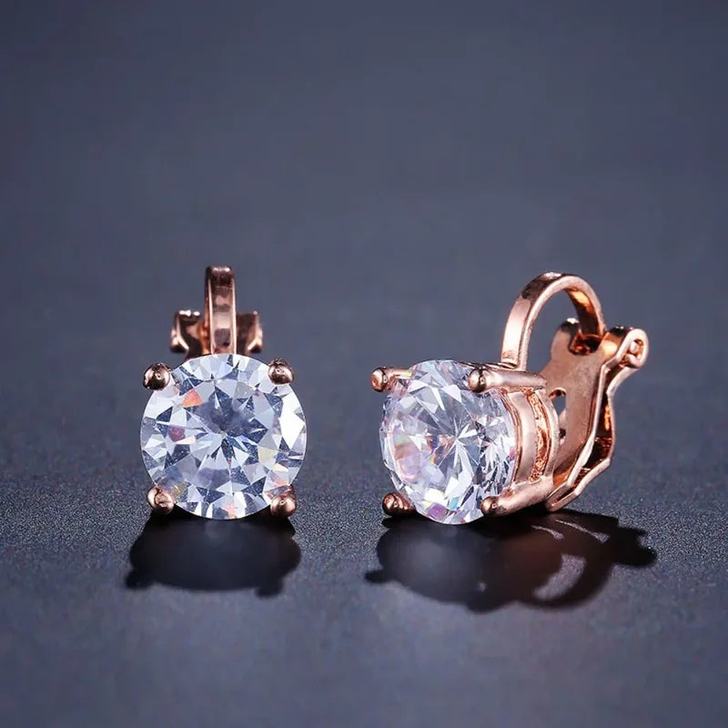 Round Cubic Zirconia Copper Clip Earrings for Women - Gold, Black, Rose & Rhodium Plated Jewelry