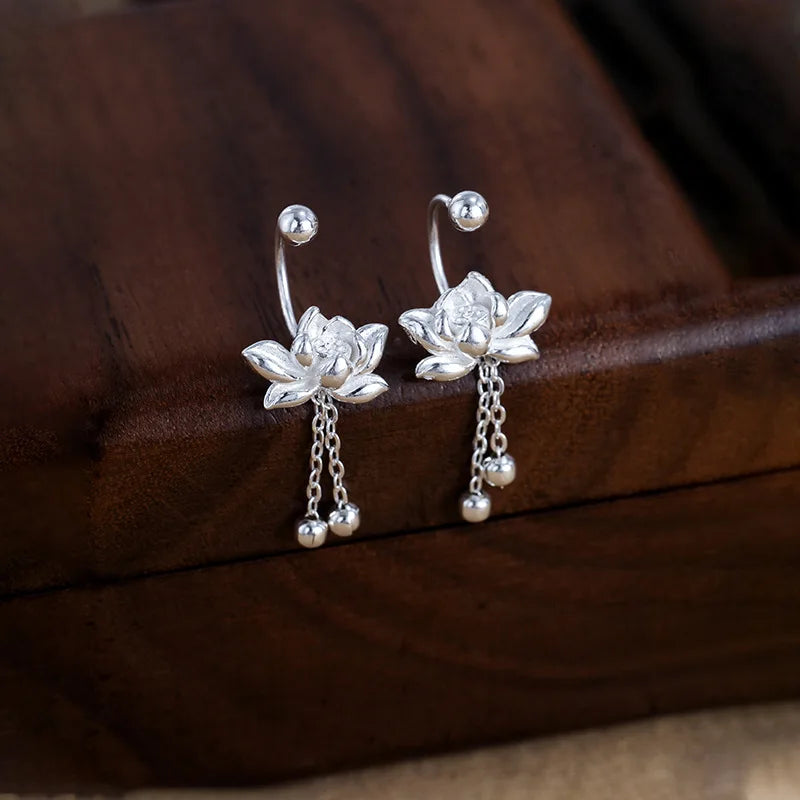 Sterling Silver Flower Stud Earrings with Tassel - Vintage Irregular Jewelry for Women