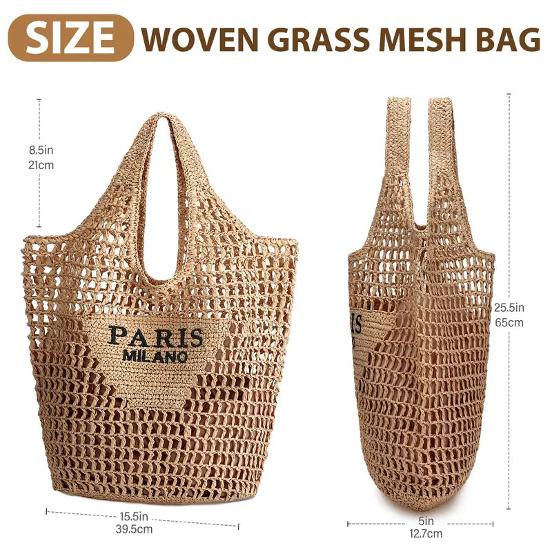Women Straw Beach Bag Handmade Woven Tote Large Capacity Summer Shoulder Bag