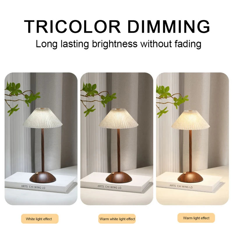 Portable LED Desk Lamp with Wooden Base and Fabric Shade - Rechargeable, Dimmable, Touch Control - Home Office Bedside