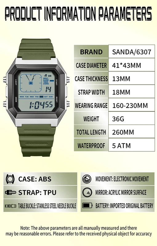 Men's Digital LED Sports Watch Waterproof Alarm Clock with Chronograph