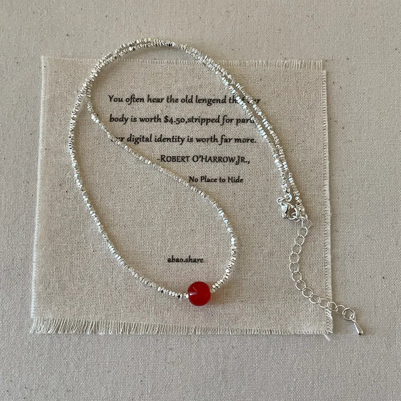 French Silver Water Wave Chain with Red Agate Beads Heart Pendant for Women
