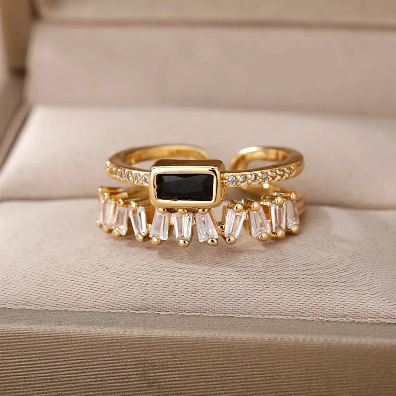 Elegant Irregular Double Layer Zircon Ring for Women Stainless Steel Gold Plated Wedding Open Finger Ring