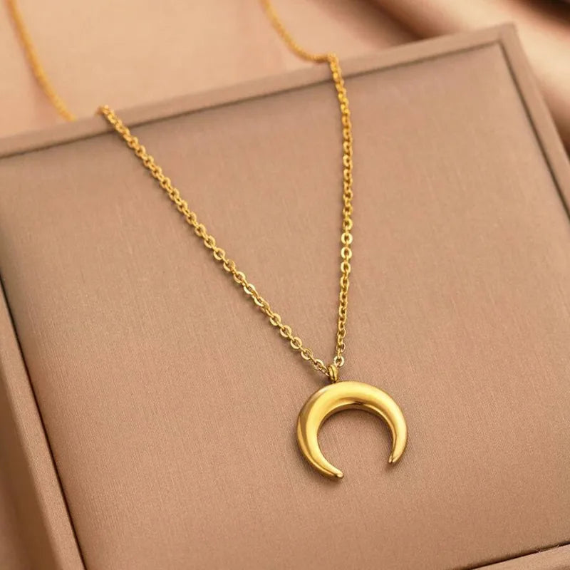 Classic Gold Color Stainless Steel Moon Pendant Necklace for Women Jewelry