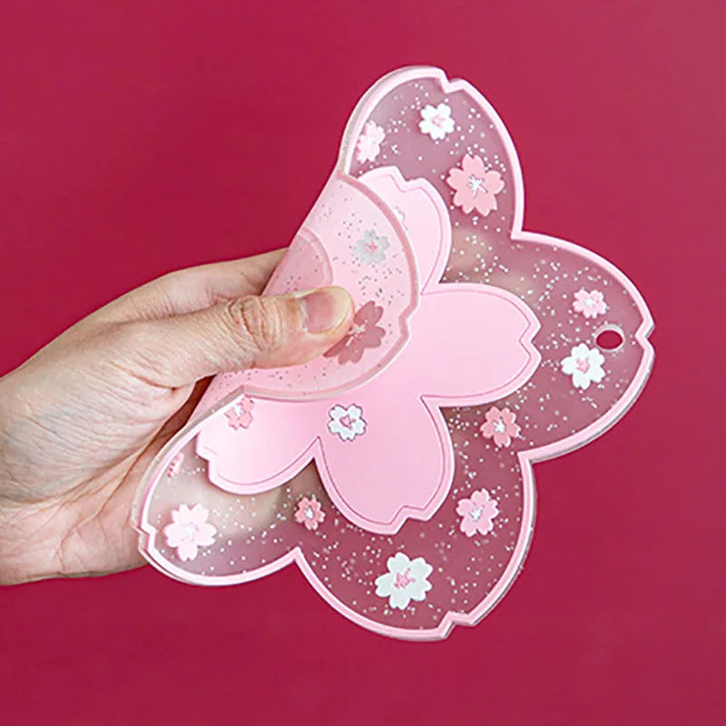 Cherry Blossom Silicone Coasters Set - Anti-Slip Kitchen Table Mat with Various Colors