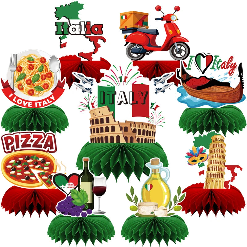 9PCS Italian Party Honeycomb Centerpieces Decor Flags - Red White Green Carnevale Di Venezia Birthday