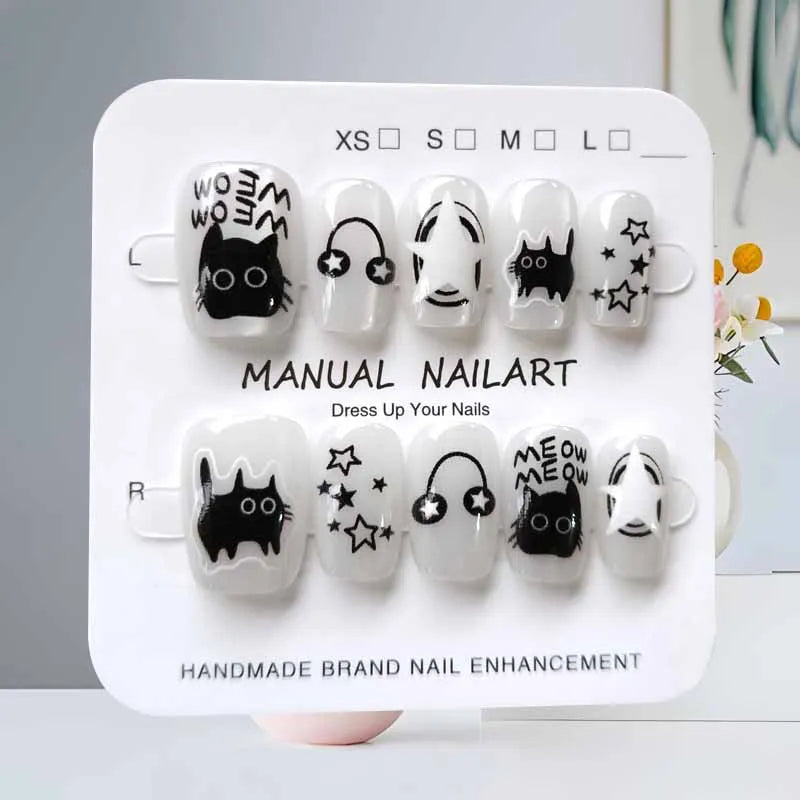 10-Pack Cute Cartoon Black Cat Geometric Nail Art Stickers for Fake Nails