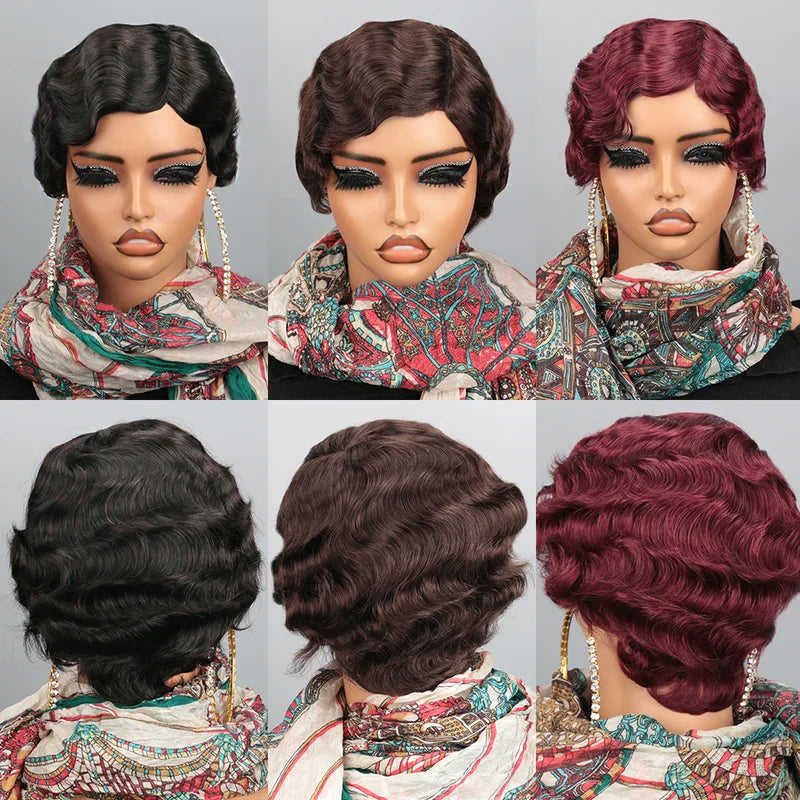 Short Human Hair Wig for Women - Brown Ocean Wave Pixie Cut, Natural Color