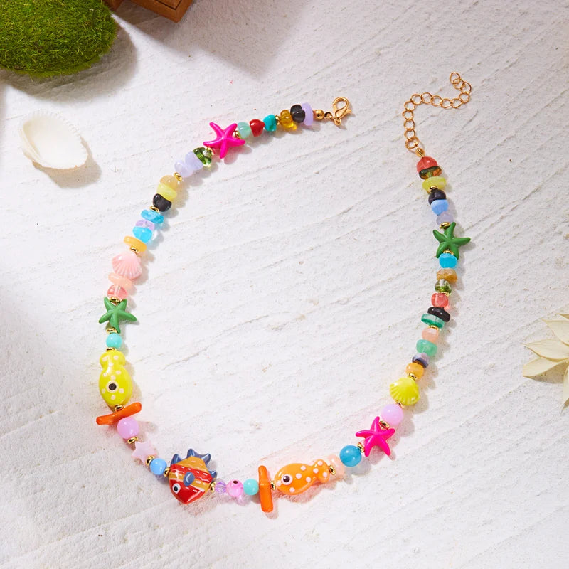 Colorful Ceramic Fish Starfish Beach Necklace for Women Ocean Vacation Jewelry