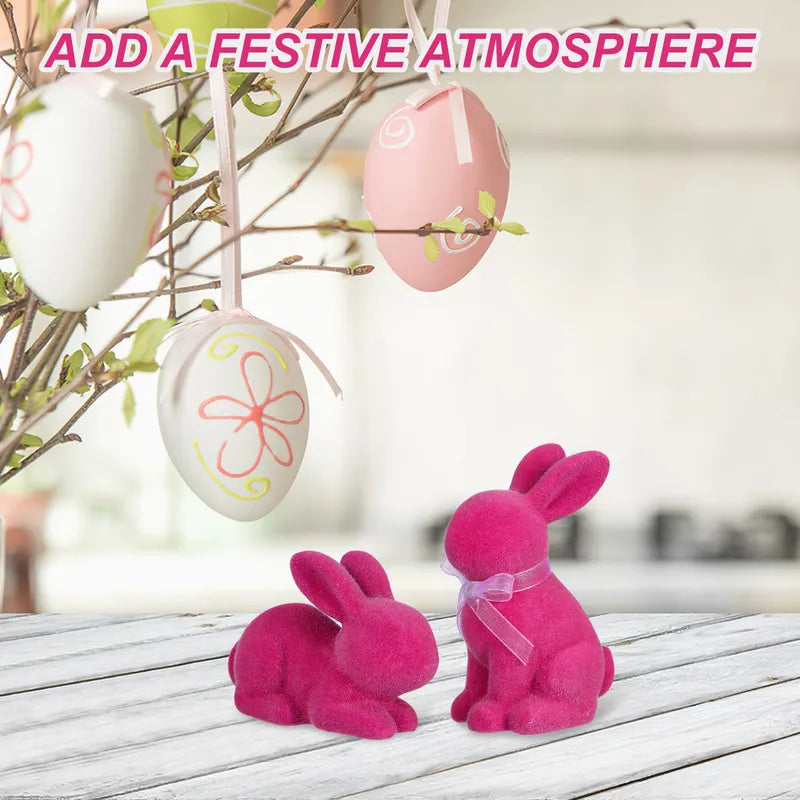 Pink Flocked Easter Bunny Statues Set - Resin Spring Home Decor, Tabletop & Garden