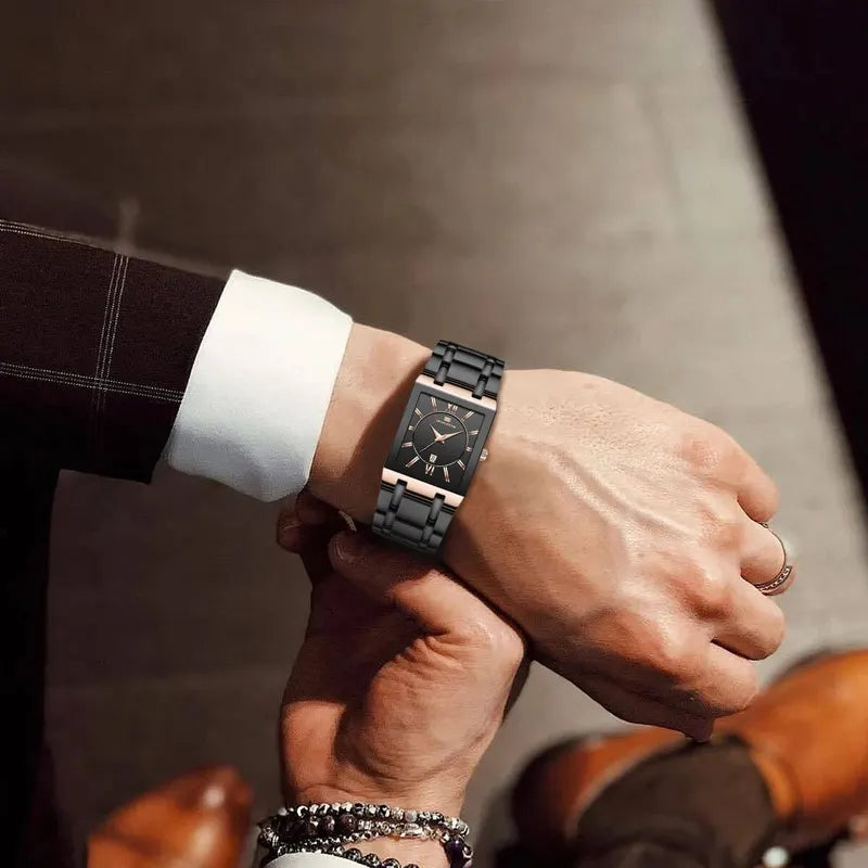 Men's Business Dress Watch Luxury Rectangular Black Gold Stainless Steel Waterproof Quartz