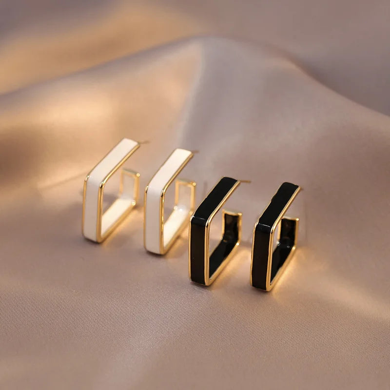 Black White Enamel C Shape Drop Earrings for Women Statement Geometric Jewelry