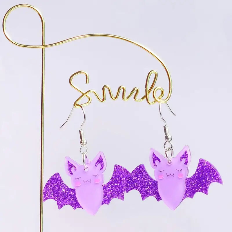 Halloween Bat Earrings - Glittery Acrylic Sequin Studs, Spliced Design, Multiple Colors