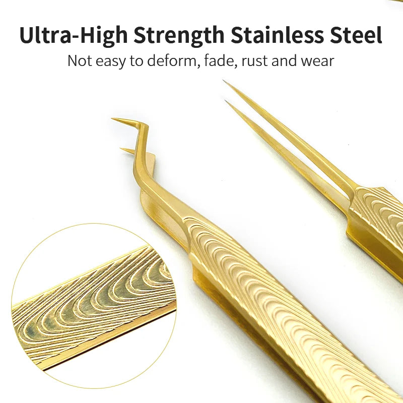 Anti-Static Eyelash Extension Tweezers - Professional Gold Stainless Steel for Volume Fans