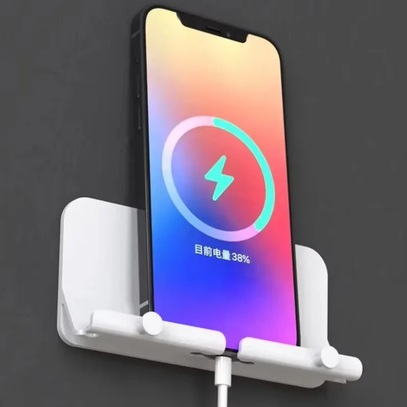 Portable Wall-Mounted Phone Holder & Double Hook with Charger Hole for All Smartphones