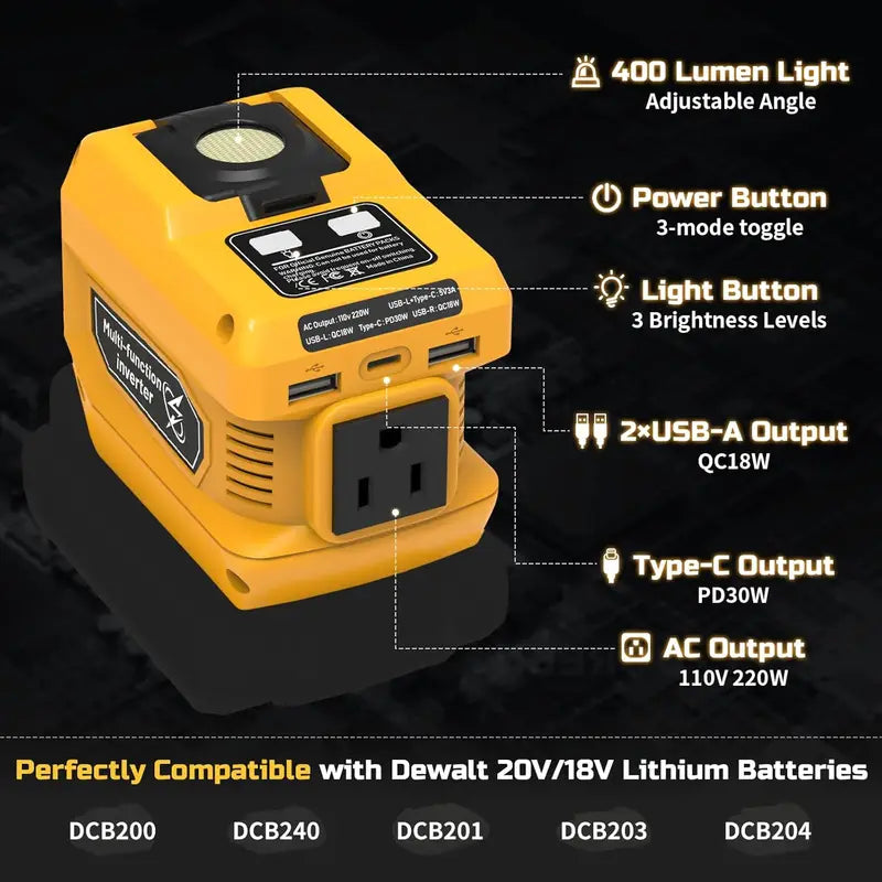 Portable Power Inverter 220W for DeWalt 20V Batteries, AC & USB Outlets, LED Light for Camping & Emergency