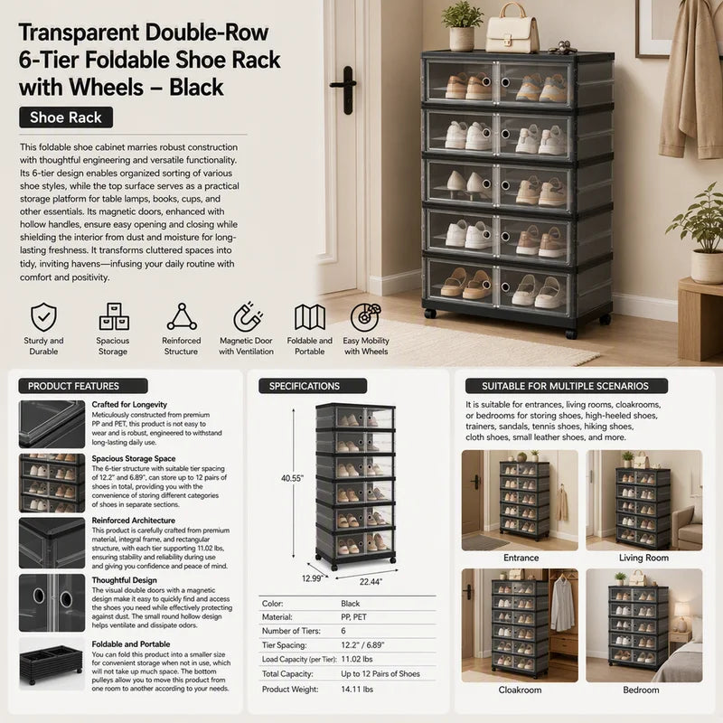 Foldable Shoe Storage Cabinet with Magnetic Doors, Space-Saving Organizer Rack