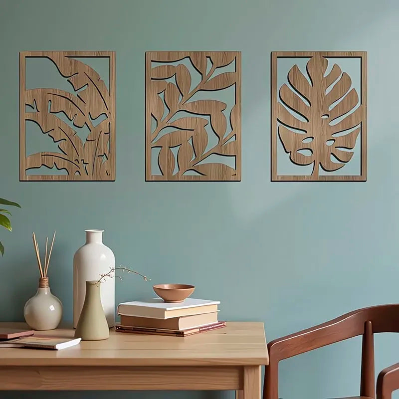 3-Piece Tropical Leaf Wooden Wall Decor Set - Boho Indoor Hanging Art