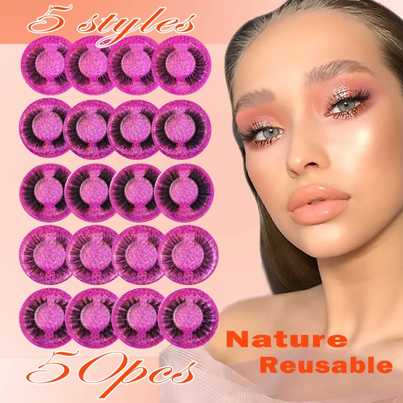 Wholesale 50 Pairs Faux Eyelashes Natural Long Curl Fluffy Reusable Lash Set