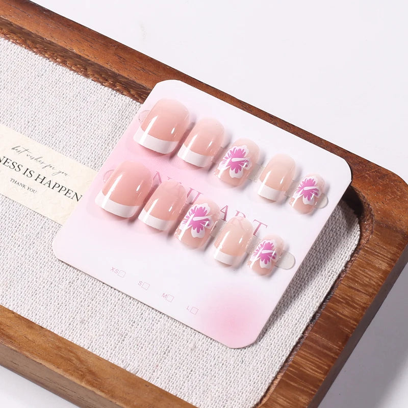 24Pcs Short Square Fake Nail Set with Floral French Design - Full Cover Press On Nails