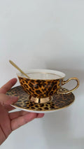 Ceramic Coffee Cup and Saucer Set with Leopard Print and Spoon - Elegant Home Use