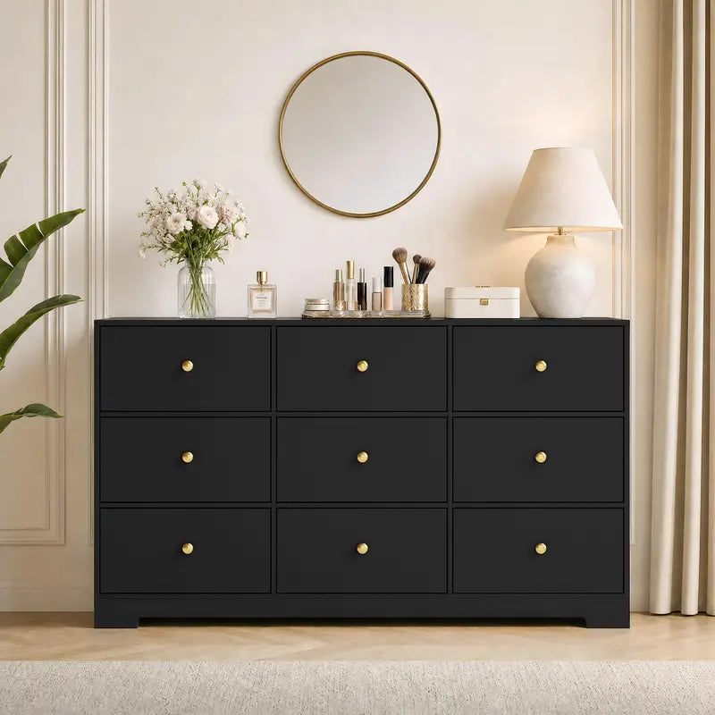 Modern 9-Drawer Dresser with Gold Handles, 57-Inch Wide Storage Chest