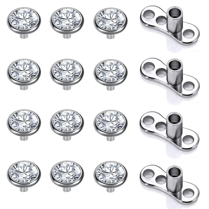 16PCS Crystal Dermal Anchor Tops 3-6mm Surface Piercing Skin Base - Surgical Steel