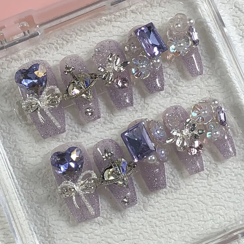 10pcs High-End Aurora Purple Heart Fake Nails with Diamonds - Handmade Nail Set