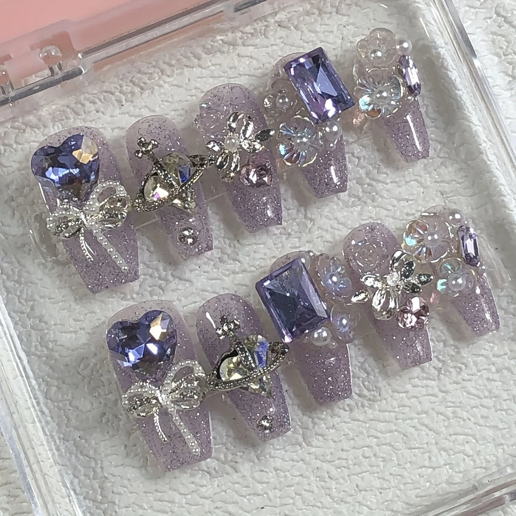 10pcs High-End Aurora Purple Heart Fake Nails with Diamonds - Handmade Nail Set