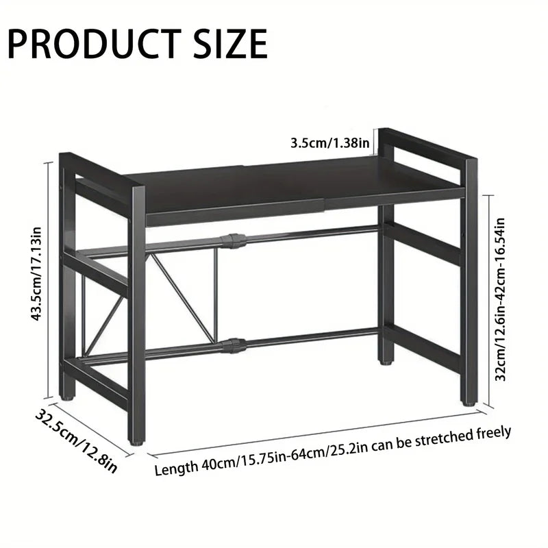 Expandable Microwave Shelf with Hooks, Space-Saving Kitchen Storage Rack 40-64cm