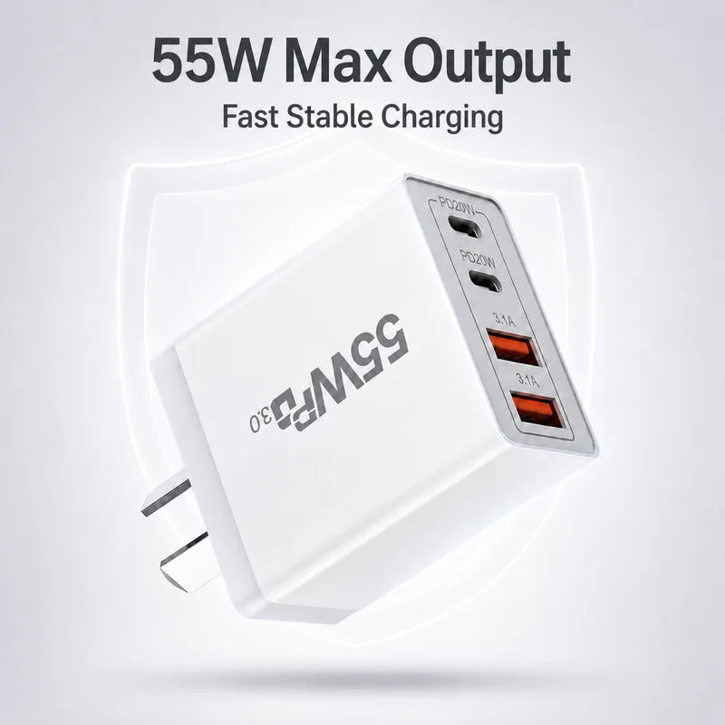 55W USB C Fast Charger with 4 Ports - PD20W & QC3.0 Wall Power Adapter for Mobile Devices