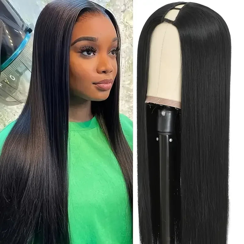 Human Hair V Part Wig 24-28in Straight 200% Density Natural Black