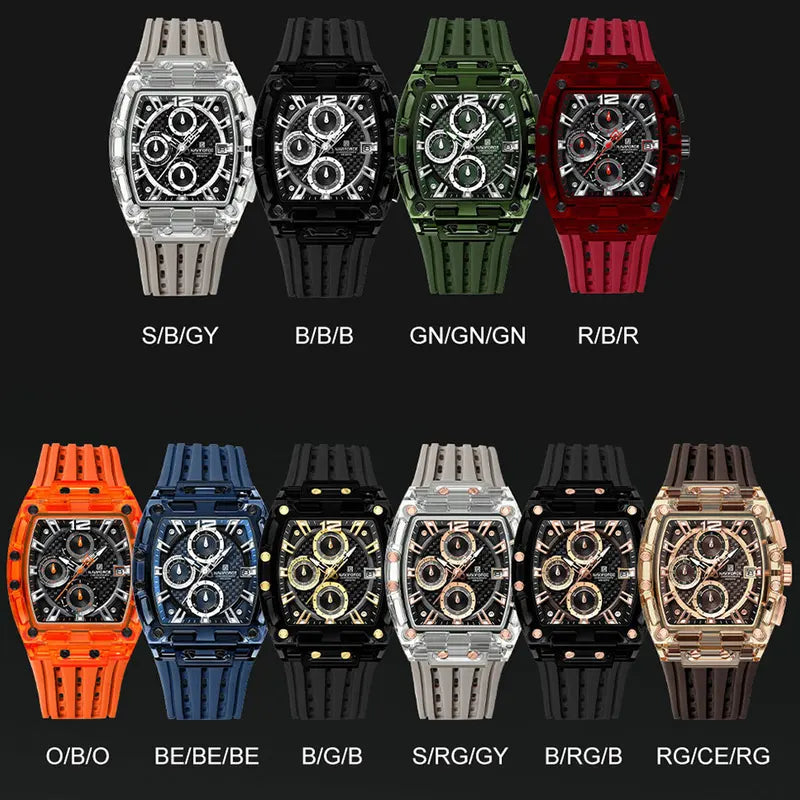 Men's Quartz Sports Watch with Silicone Strap Military Marine Chronograph - Black