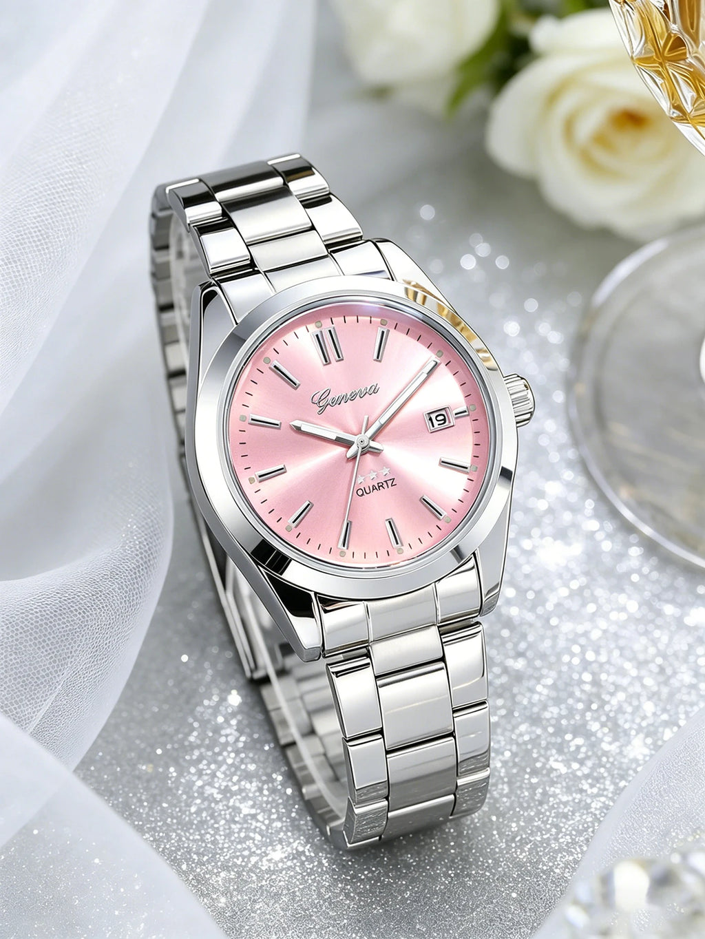 Ladies Quartz Watch with Steel Band, Calendar, Minimalist Design - Daily Fashion Accessory