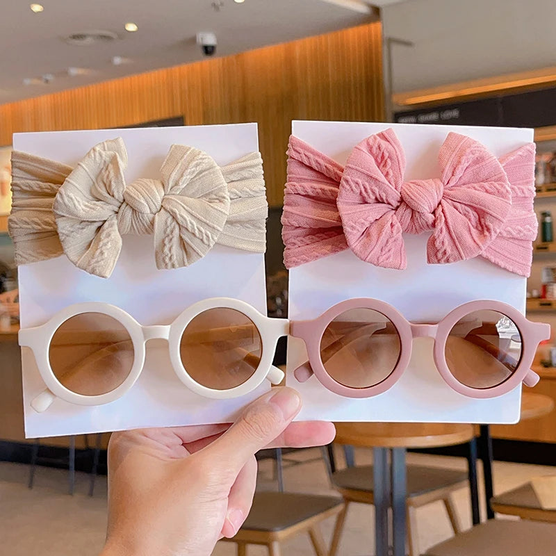 Children's Cotton Bowknot Hairbands & Round Sunglasses Set - Multiple Colors