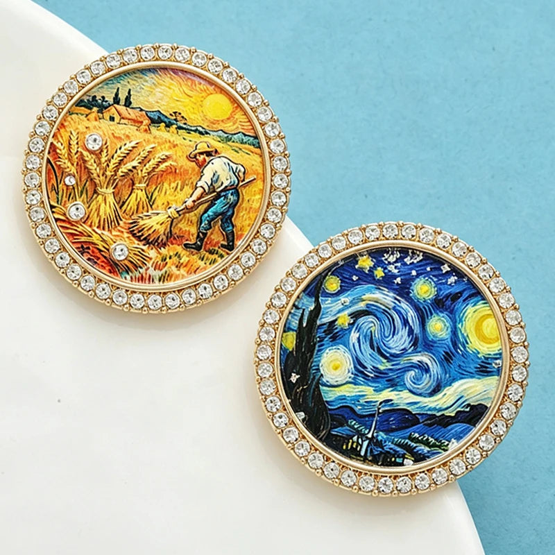 Starry Night and Reaper Brooch Pins for Women Men - Round Picture Jewelry Gift Set