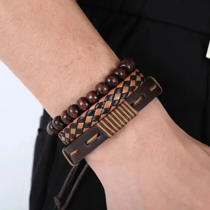 12Pcs Vintage Woven Faux Leather Beaded Bracelets Set for Casual and Party Wear