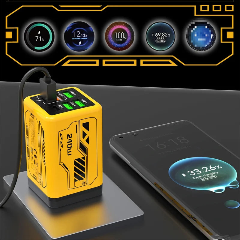 240W GaN Fast Charger with 6 USB-C Ports & Data Cable for Smartphones