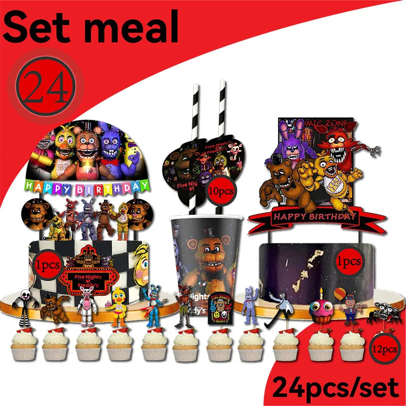 FNAF Themed Cake Flag & Cupcake & Straw Set for Birthday & Halloween Parties