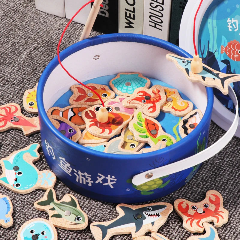 Wooden Magnetic Fishing Toys for Children Marine Life Learning Interactive Baby Game