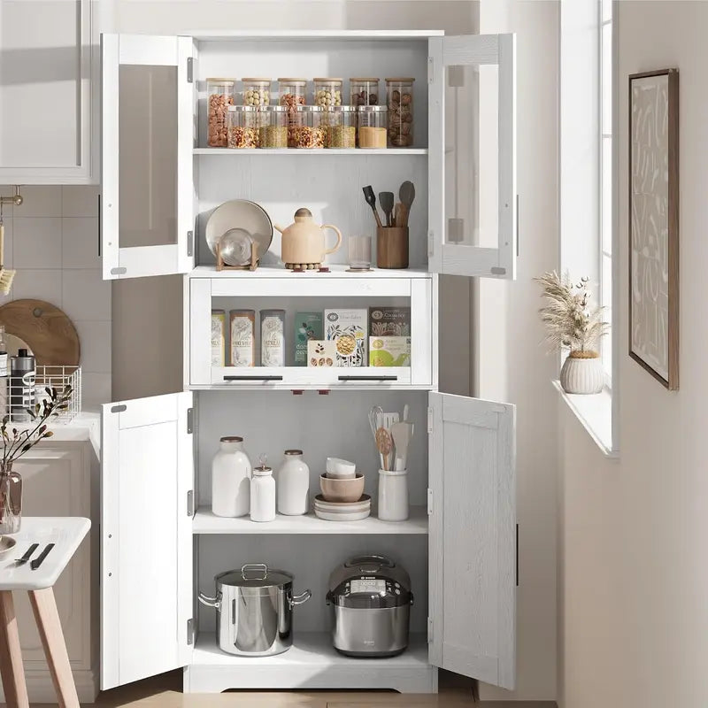 Tall Bathroom Storage Cabinet with Glass Doors and Adjustable Shelves - Freestanding Linen Closet, Kitchen Pantry or Living Room Cupboard