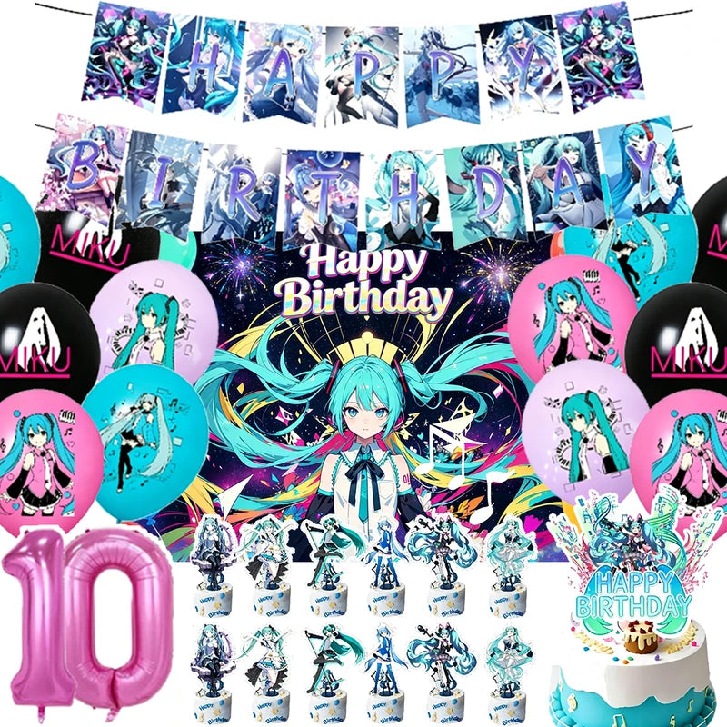 Cartoon Hatsune Miku Birthday Party Decoration Banner Balloon Set Cake Toppers Background Kid Gift