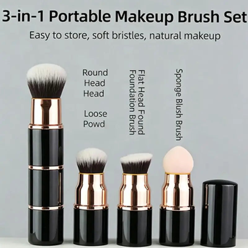 3-in-1 Portable Makeup Brush Set with Dust Cover - Compact & Detachable for Foundation Powder Blush & Sponge