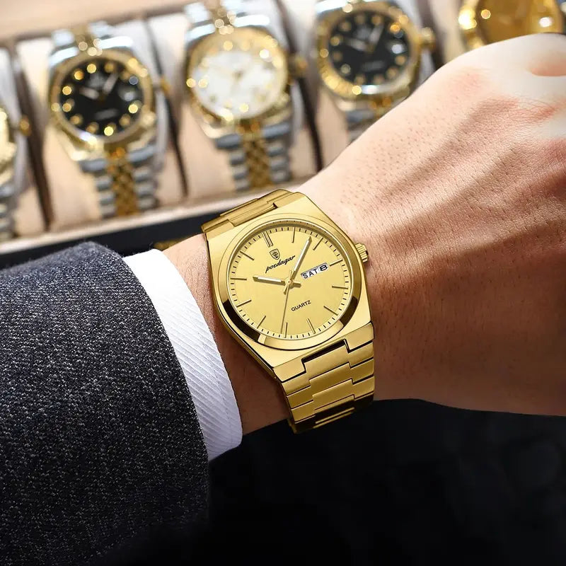 Men's Waterproof Luminous Watch with Date and Week Display - Stainless Steel Quartz Business Watch