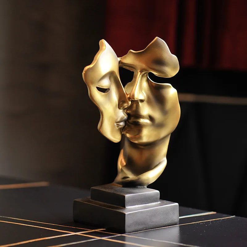 Modern Resin Mask Sculpture - Double Sided Face Statue for Home & Office Decor, Gold & Black, 27cm