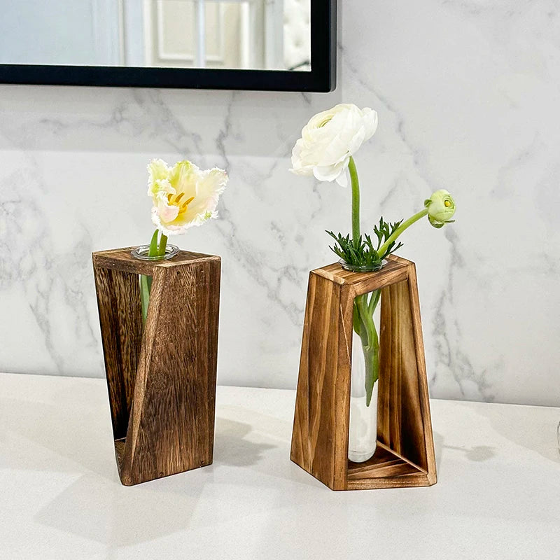 Creative Wooden Hydroponic Vase Plant Vase Retro Transparent Desktop Decor